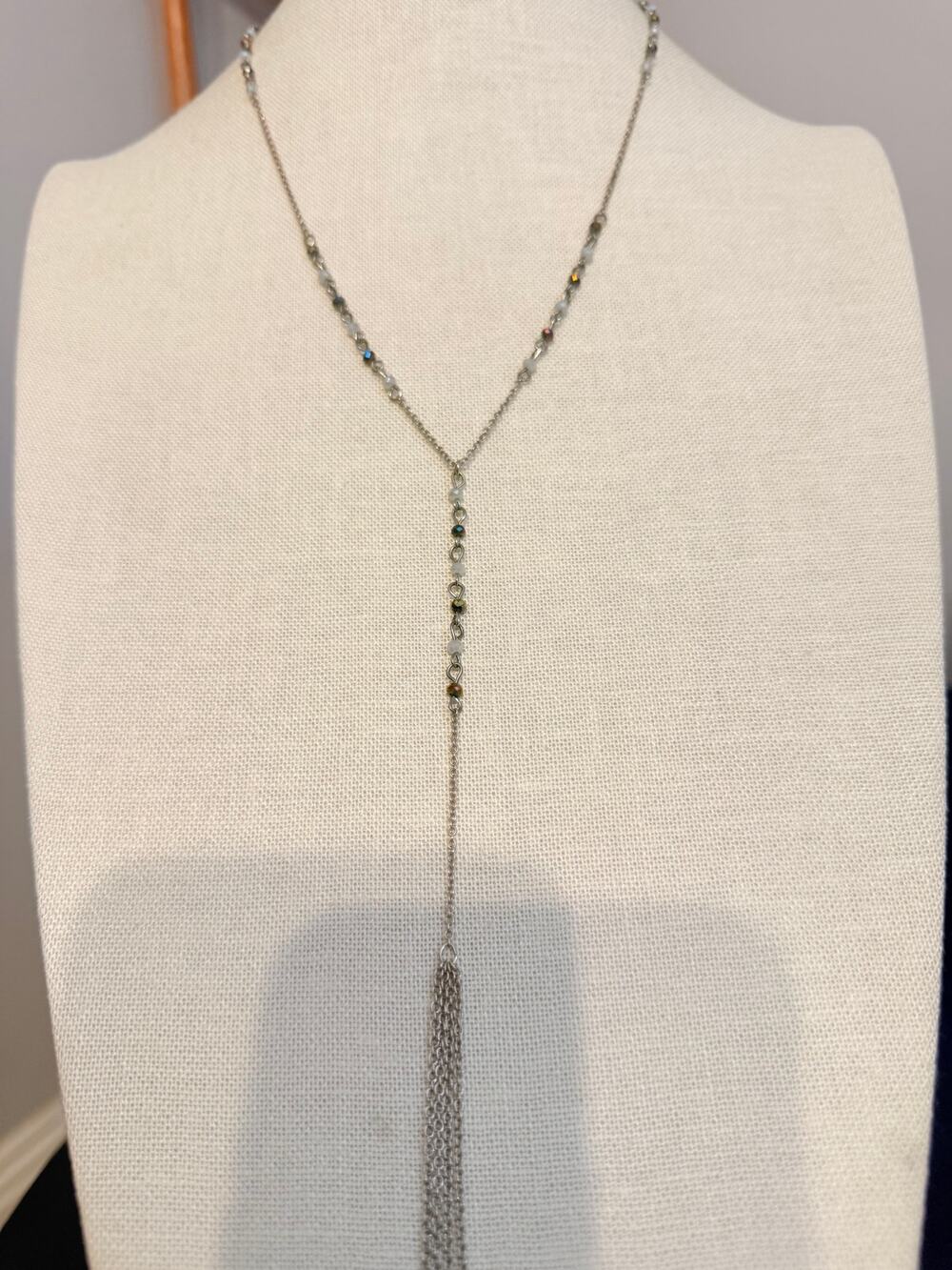 Vintage Silver Tone Crystal Lariat Tassel Necklace 22”